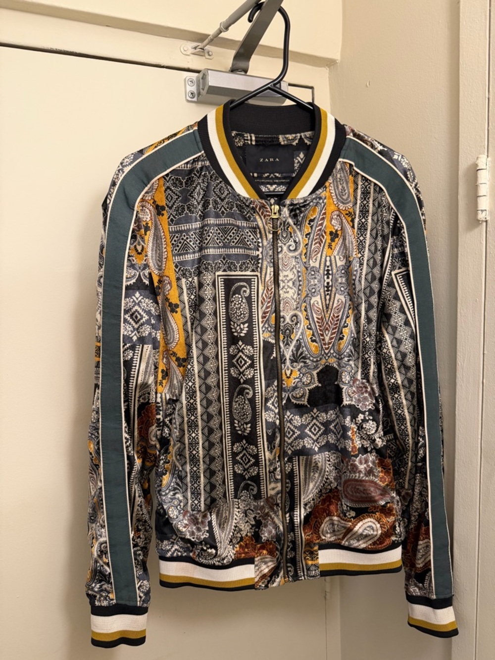 Zara Men's Paisley-Print Bomber Jacket in Mustard, Teal & Black